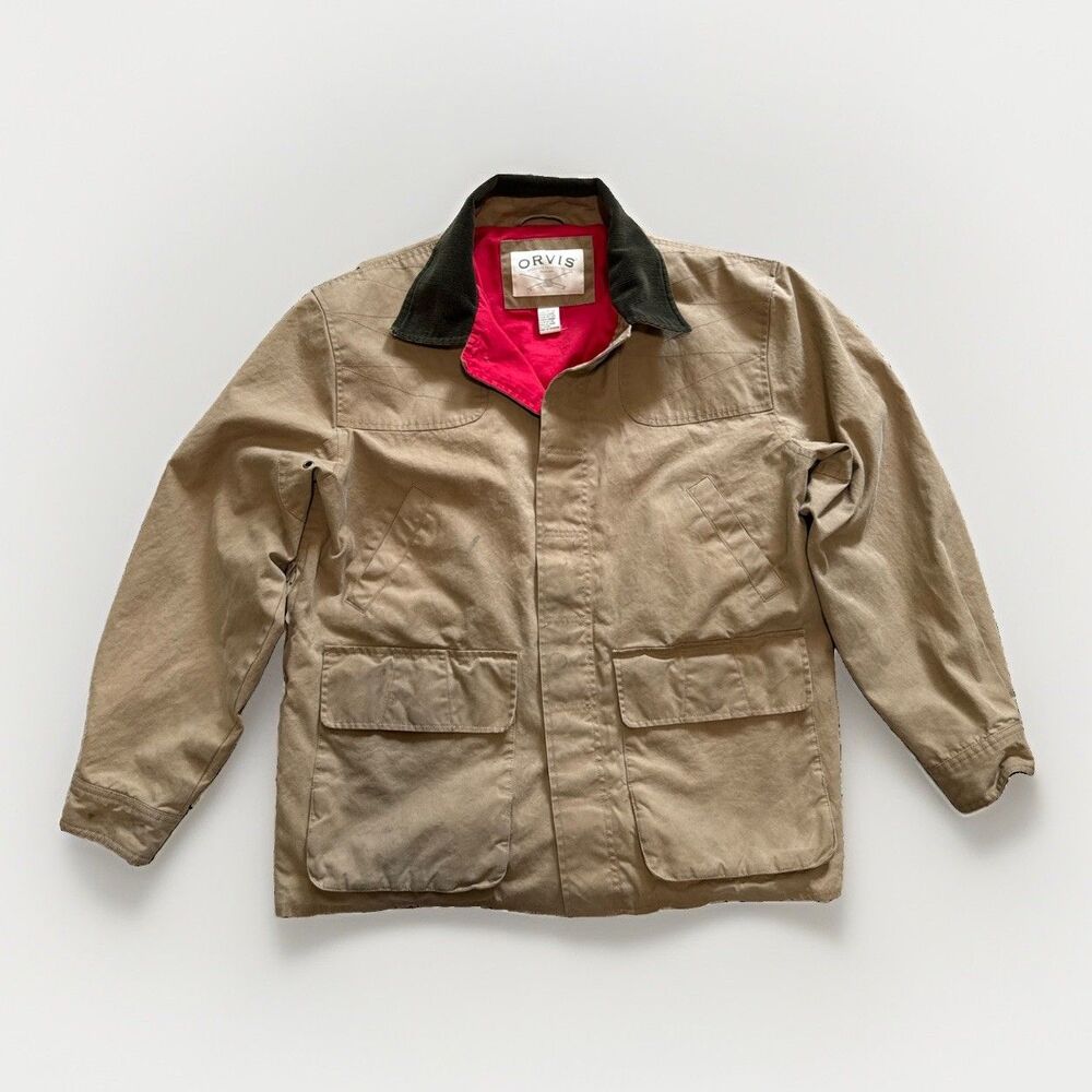Orvis Jacket Medium Heritage Waxed Field Coat Red Lined Barn Utility Pockets Tan